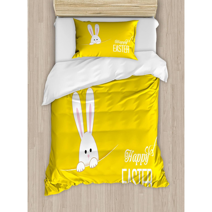 Жовтий набір підковдр для односпальних ліжок, Великодній кролик-кролик, Захист від кліщів Allergy Friendly з наволочкою, 130 x 200 см - 70 x 50 см, Yellow White 130 x 200 см - 70 x 50 см Yellow White