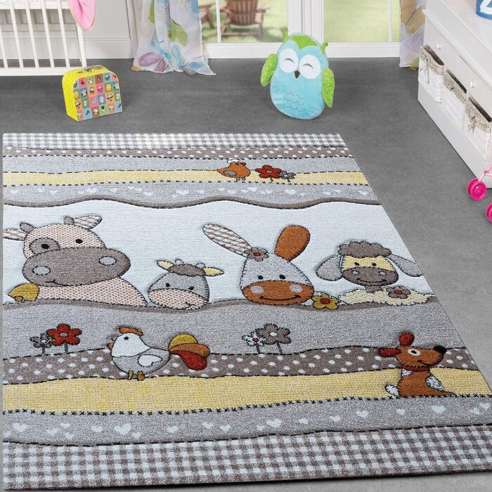 Домашній дитячий килим TT, дизайн ферми, забавні тварини, Килимки для дитячої кімнати бежево-кремового кольору, розмір 120x170 см (діаметр 120 см круглий)