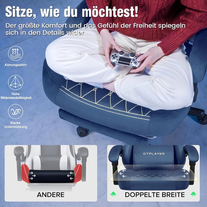 Ігровий крісло GTPLAYER з тканини, ергономічний офісний стілець для ПК, витримує до 150 кг, регульований та обертовий, з пружинним сидінням та підставкою для ніг, зелений (блакитний)