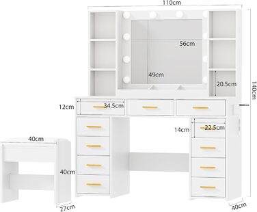 Великий туалетний столик ANWBROAD з регульованою LED-підсвіткою та 11 ящиками. Сучасний туалетний столик з дзеркалом, розетками, 6 відкритими полицями. Комплект з пуфом. Білий колір, 140x110x40 см. Модель BDT86W