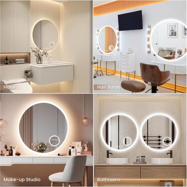 Дзеркало для ванної кімнати Habison з підсвічуванням 70x70 см, LED, з годинником та сенсорним вимикачем, регулювання яскравості, тепле/холодне/нейтральне світло, антизапотівання, 3-кратне збільшення