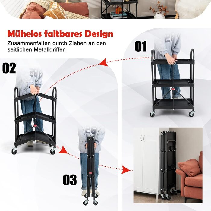 Складаний візок для кухні та сервірування COSTWAY, 3 полиці, 4 коліщатка, металевий, чорний, стабільний для кухні та офісу