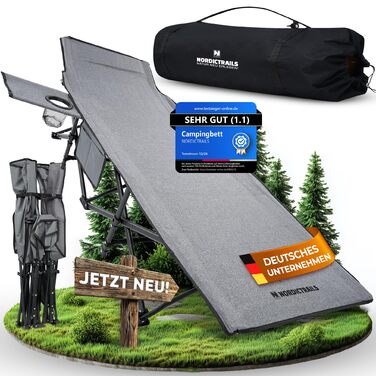 Розкладне ліжко для кемпінгу NORDICTRAILS XXL з м'яким матрацом, компактна похідна лежанка для відпочинку та рибальства, сіра (190 x 70 см)