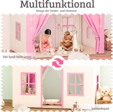 Дитяче намет-ігровий будиночок EROMMY 2-в-1 з килимком, прапорцями та світлодіодними смугами, з двома дверцятами, з даховим віконцем, для дому, 3+ роки (Рожевий)