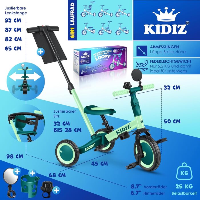 Біговел-триколіс KIDIZ 6-в-1 для дітей 1-5 років до 25 кг, з ручкою, захисним бампером, ременем безпеки, дзвінком та дзеркалом (зелений)