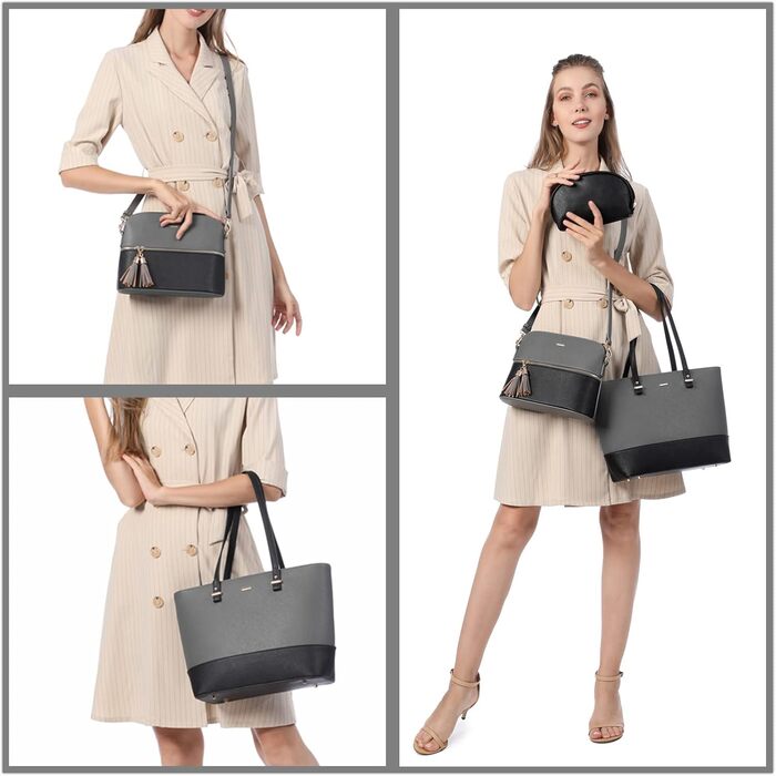 LOVEVOOK Сумка-шоппер для жінок, велика шкіряна сумка на плече, 3 шт. (сірий-чорний)