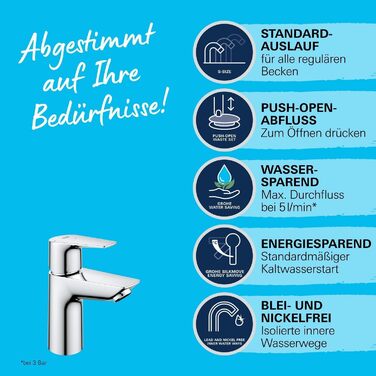 Змішувач для ванної кімнати Grohe StartEdge, економічний, холодна вода в середній позиції, з Pop-Up зливом, 3в1 інструмент, проста установка, хром, 23900001, S-Size, Push-Open, EcoJoy