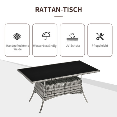 Outsunny Garden Table Стіл з полі ротанга зі скла 150x85x74см із захисним склом у сіро-чорному кольорі для саду, балконної тераси