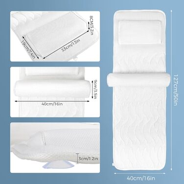 Килимок для ванни з подушкою для тіла 123x40 см, для зросту 160-180 см, швидковисихаючий, для підтримки голови, шиї та спини