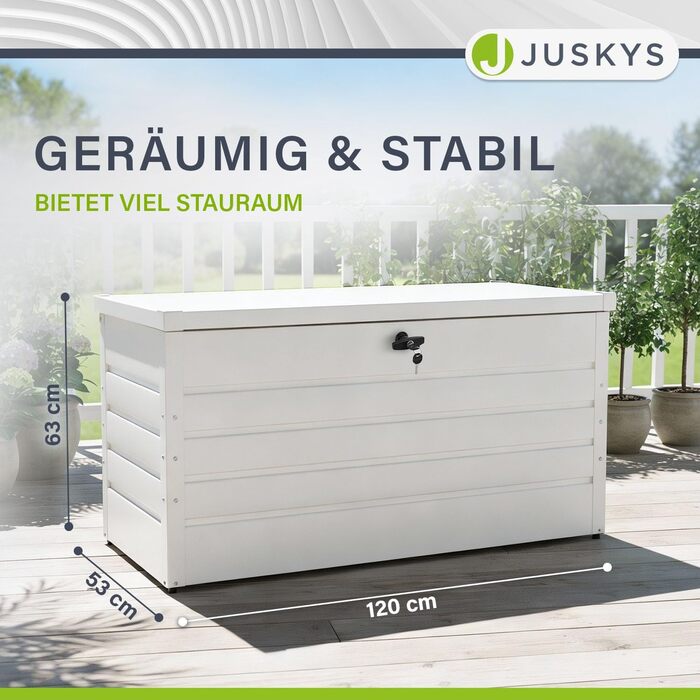 Ящик для зберігання вуличний Juskys Metall Limani 380л - водонепроникний, з замком - для саду, подушок, меблів (білий)