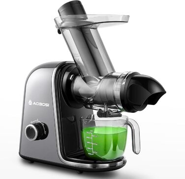 Електричний соковитискач AOBOSI Slow Juicer з 2 швидкостями, для овочів та фруктів, з 8-ступеневою спіраллю, щіткою для очищення та 2 чашами, функція реверсу, сірий