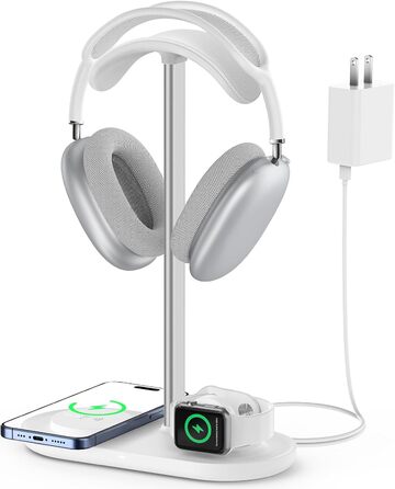 Підставка для навушників HiWe 3-в-1 з бездротовим зарядним пристроєм для телефону/AirPods/iWatch. Алюмінієва стійка, шкіряний підклад, ABS-основа, білий колір.