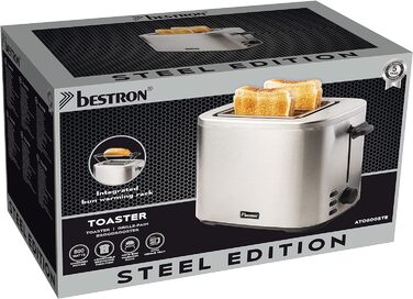 Тостер Bestron на 2 скибочки тостів, в т.ч. насадка для булочок, 7 рівнів підрум'янювання та шухляда для крихт, 800 Вт, чорно-дерев'яний дизайн, колір (сріблястий, одинарний)