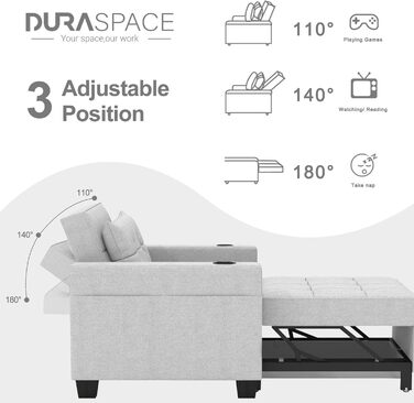 DURASPACE розкладне крісло-ліжко 3-в-1, 99 см, із USB, кишенею, підстаканником, для малих приміщень, зелений/світло-сірий