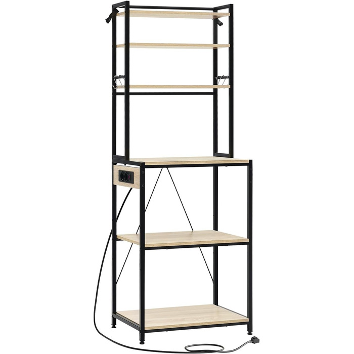Кухонна полиця WOLTU з 6 ярусами, з розетками, для мікрохвильової печі, з металевим каркасом, регульовані полиці, Чорний+Рустикальне коричневий, 60 x 167 x 40 см (Чорний+світлий дуб, 60 x 39,5 x 167 см)