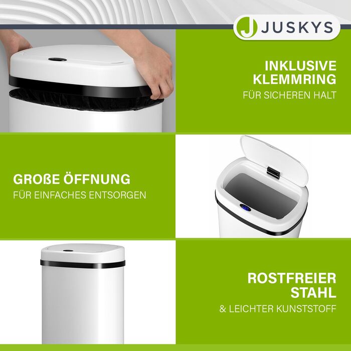 Відро для сміття Juskys з датчиком руху, 60 л, біле. Нержавіюча сталь, безконтактне відкривання, кутовий дизайн.
