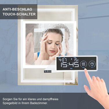 Дзеркало для ванної кімнати Puchika з підсвічуванням LED, 50x70 см, настінне, диммер, 3 кольори світла (3000-6400K), IP44, A+, сенсорне керування, антизапар