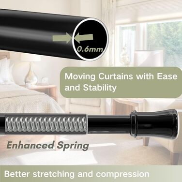 Телескопічний карниз для штор без свердління та гвинтів, розсувна штанга для ванної кімнати та шафи, 85-265 см (Ø 32 мм), чорний
