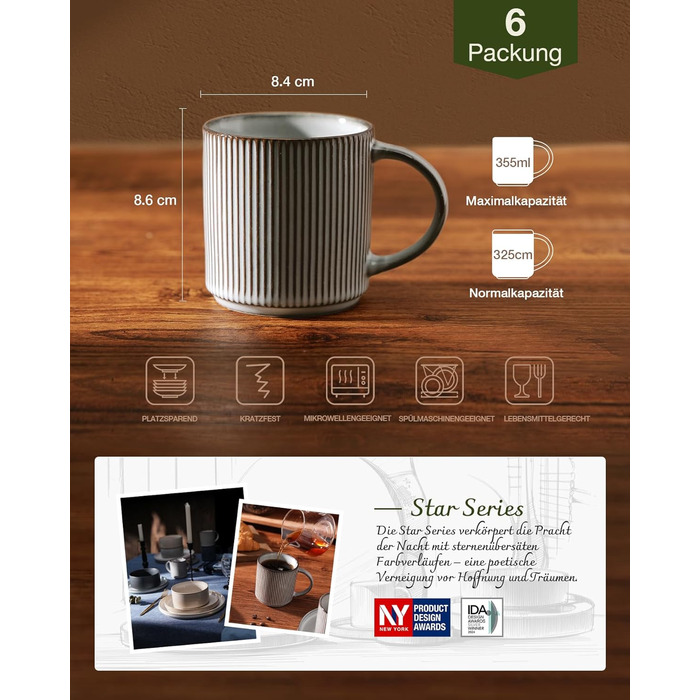 Набір тарілок Star 12 предметів для 4 осіб, керамічний посуд, стійкий до подряпин, для мікрохвильовки та посудомийної машини (димчастий синій, чашки 355 мл - 6 шт)