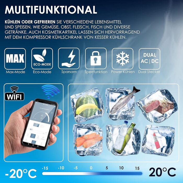 Електрична термохолодильник KESSER® Kompressor на 30 літрів (-20°C) з APP-керуванням, USB, 12/24/230V, телескопічною штангою, акумуляторами, колесами для авто, вантажівки, човна