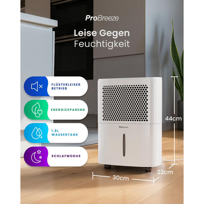 Pro Breeze® Eco Kompakt 12L/день: Електричний осушувач повітря з LED-дисплеєм, функцією сушіння білизни та Smart App (20 м²)