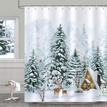 Шторка для душу Bonhause Winter Forest Deer 180x180 см, захист від цвілі, водонепроникна, в т.ч. 12 гачків