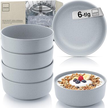 SÄNGER Leeds Sterling | Набір керамічних мисок, 6 предметів, миски для пластівців на 6 осіб, миски, стійкі до подряпин, стійкі до використання в мікрохвильовій печі, можна мити в посудомийній машині, маленькі миски, глибокі тарілки, сірі, 780 мл | КОЛЕКЦІ