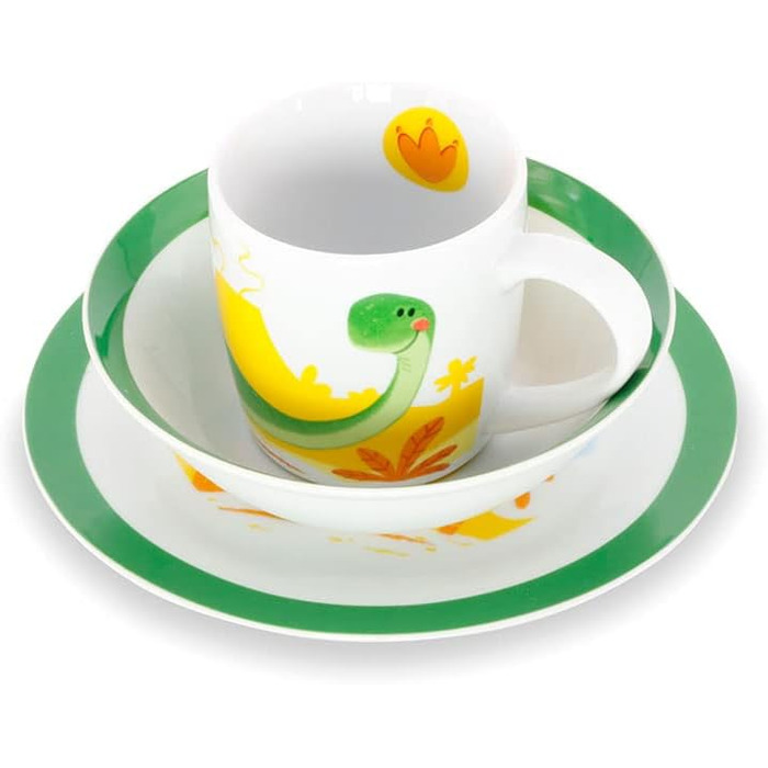 Набір дитячого посуду BIOZOYG з порцеляни: 3 шт. (тарілка, чашка, миска) з динозавром, безпечний для миття в посудомийній машині, подарунок для дитини