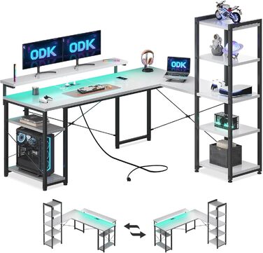 Ігровий стіл ODK L-подібна форма зі світлодіодом, розетки та USB, кутовий стіл з полицями, білий, 137140см