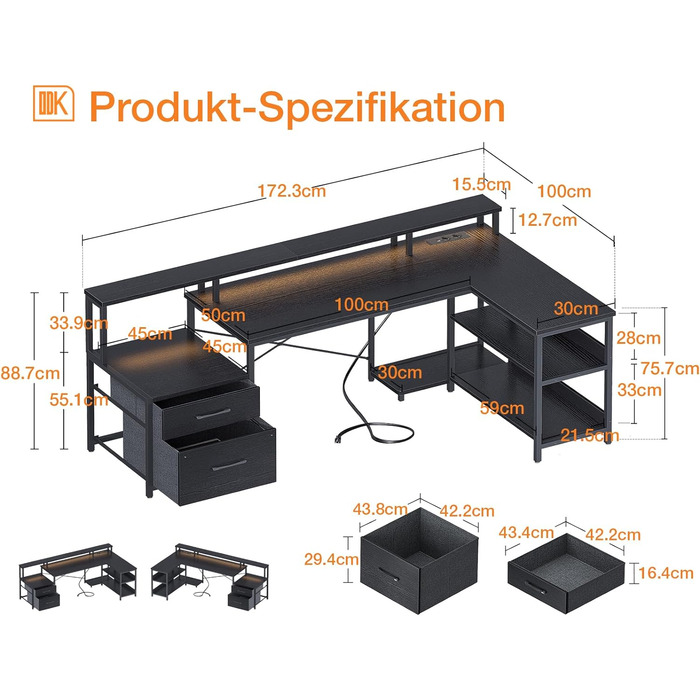 Письмовий стіл ODK L-подібний з розетками, USB, LED, ящик для файлів і полиць, 172,5100 см, чорний