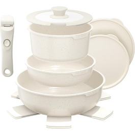 Набір посуду YASHE 9 предметів: каструлі та сковорідки з антипригарним покриттям, білий, для всіх плит, знімний ручка, сумісний з духовкою, компактний, сталевий