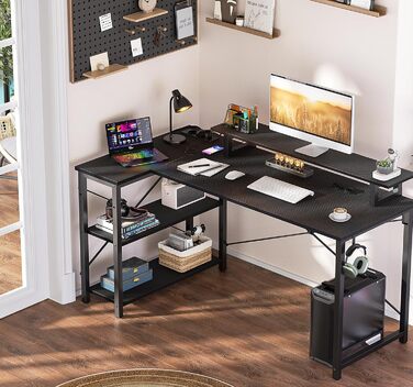 Кутовий ігровий стіл з LED-підсвічуванням та розетками, комп'ютерний стіл з полицями, обертовий кутовий стіл з підставкою для монітора, 120 x 70 см, ДСП, колір: сіра береза (карбон, чорний)