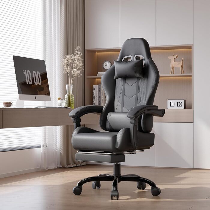 Ігровий крісло JUMMICO з масажем, ергономічний офісний крісло з підголовником для попереку, регульована спинка 90-135°, підставка для ніг, чорний, до 150 кг