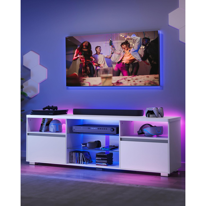 Тумба під телевізор VASAGLE Kailyn 160 см з LED підсвіткою, біла - для вітальні, з полицями та шафками