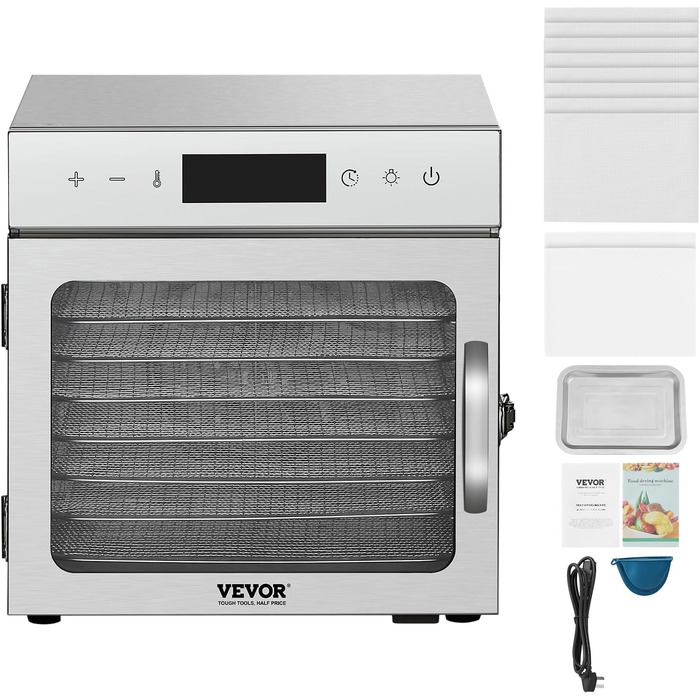 Електрична сушарка для їжі VEVOR з 10 нержавіючими чашами, 1000 Вт, для м'яса, фруктів, овочів, трав, собачих ласощів