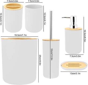 Діош 6 шт. Бамбуковий набір для ванної кімнати мильниця, тримач для зубних щіток, дозатор, кружка, пляшка (біла)