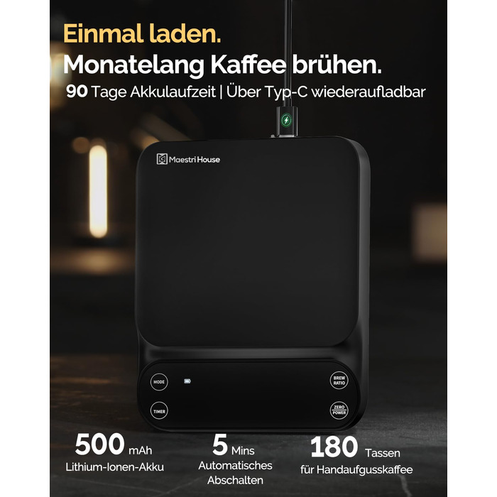 Ваги для кави Maestri House S3 з таймером, 3 кг/0,1 г, перезаряджувані, цифрові, для еспресо, з 3 режимами заварювання, регульованими співвідношеннями та індикатором потоку, для Pour Over, French Press – чорні