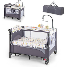 Дитяче ліжко-манеж DREAMADE 5 в 1 з матрацом, з колесами та пеленальним столиком, з музичною іграшкою, 110x76 см, для новонароджених, з сумкою для перенесення (зелений, кольоровий)