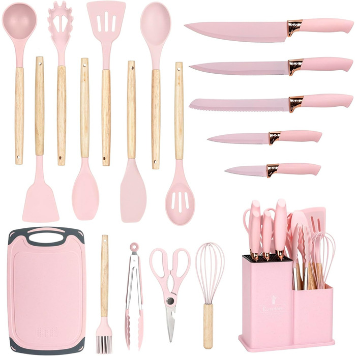 Набір кухонних ножів EliteHoff 19 предметів: 5 ножів, 12 аксесуарів, дошка та підставка – з нержавіючої сталі, з дерев'яними ручками, безпечний, для кухні, чорний (E-6072)