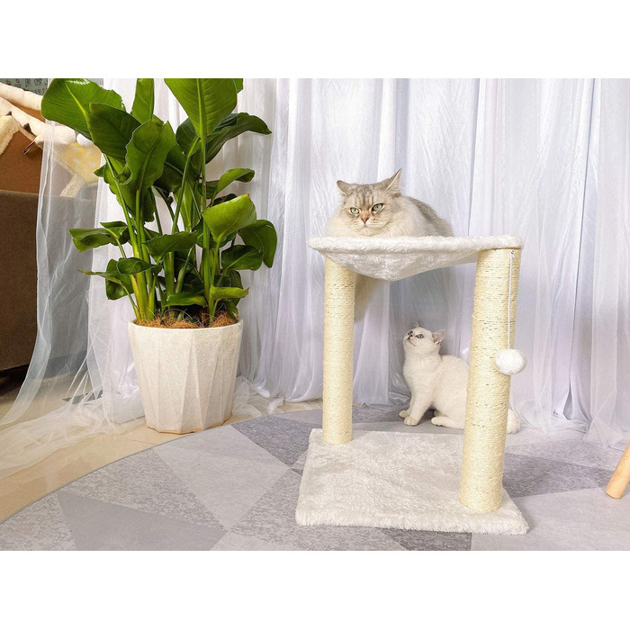 Котяче дерево Liszton, l, біле, стовбури обгорнуті натуральним сизалем, іграшки на стрічці