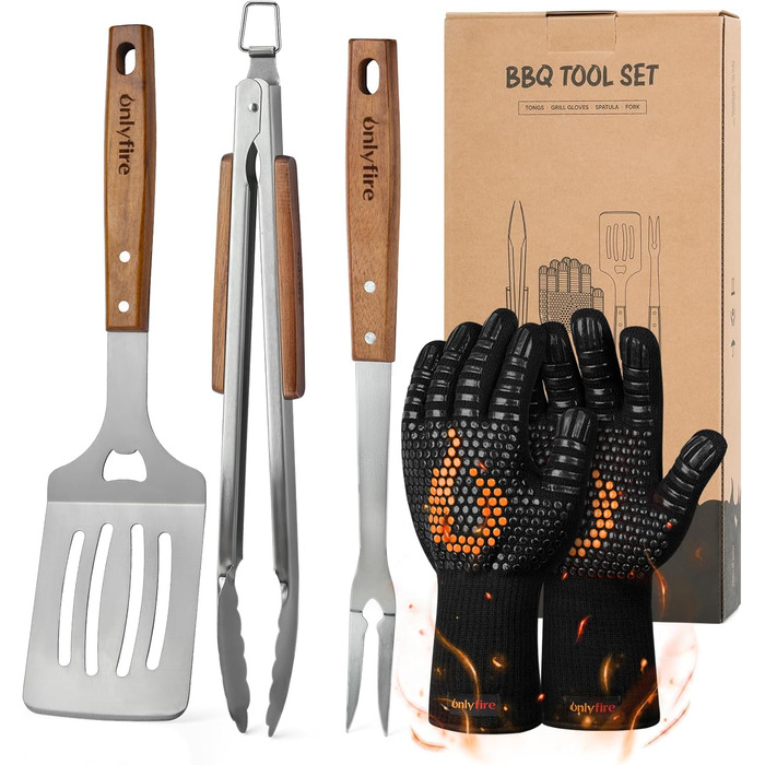 Набір гриль-посуду Onlyfire 4 шт. з нержавіючої сталі та акації (щипці, лопатка, виделка, щітка)