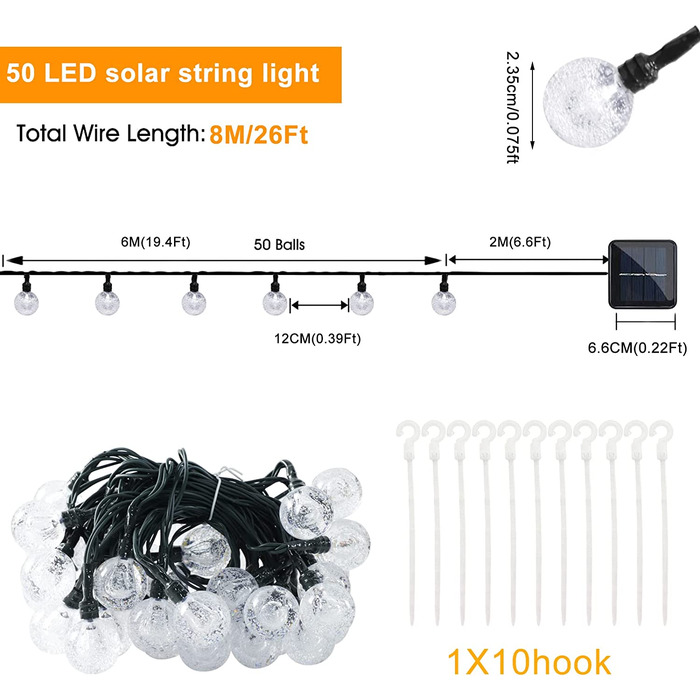 Вулична сонячна гірлянда, SUWITU 8 метрів 50 Світлодіодна Вулична Сонячна струнна лампа з 8 режимами і таймером, стійка до атмосферних впливів зовнішня сонячна лампа
