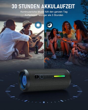 Портативна Bluetooth колонка OHAYO 24W з RGB підсвічуванням, басами, IPX7, 30 годин роботи, мікрофоном, для відпочинку на природі (чорна)