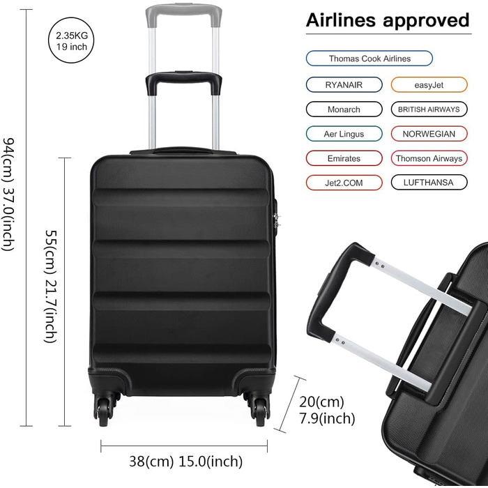 Чемодан ручної поклажі KONO з колесами та TSA замком, чорний