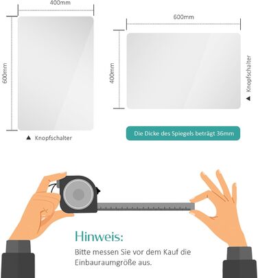 Дзеркало для ванної кімнати EMKE з підсвічуванням 40x60 см, антизапар, 2 кольори світла (тепле/холодне), вимикач-рейка, IP44, енергозберігаюче, захищене від вибуху