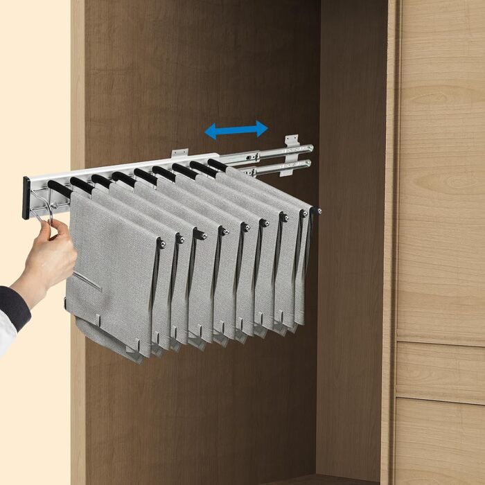 Висувний тримач для штанів, полиця для штанів, 9 тримачів для шарфів, висувна вішалка для штанів, одягу, краваток, шарфів, глибина шафи 48 см, лівостороннє кріплення