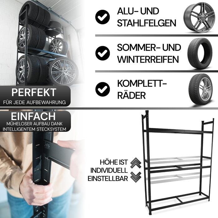 Стійка для шин Premium 8 шин, 100x110x40 см, чорна, 175 кг, для гаража та складу