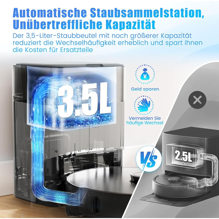 Робот-пилосос з функцією миття та станцією самоочищення, об'єм 3.5л, для килима та шерсті тварин, керування через додаток та Alexa, LiDAR навігація, час роботи 180хв (Чорний)