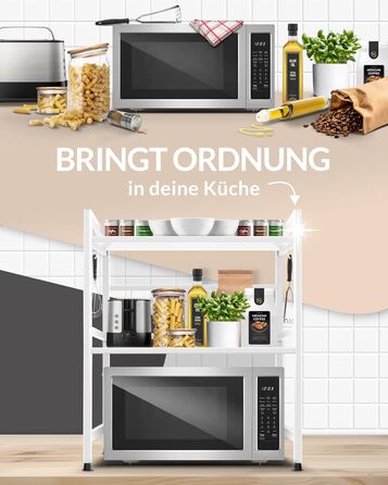 Поличка для мікрохвильової печі, кухонна поличка, сталева | 3-ярусна, регульована висота та довжина, з гачками, інструкція у відеоформаті (Білий)