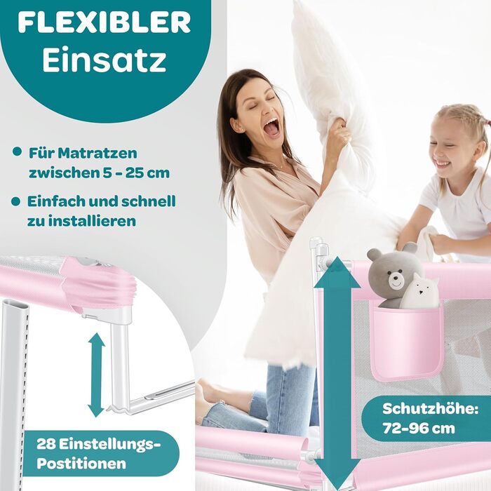 Захисний бортик для ліжка KESSER® 150 см, сітчастий бортик для дитячого ліжка, складаний та регульований по висоті, захист від випадання для немовлят та дітей (Рожевий, 180 см)